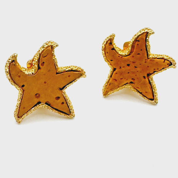 Vintage ART Auther Pepper Starfish Clip-On Earrings Gold Tone Cork Textured - Picture 1 of 6